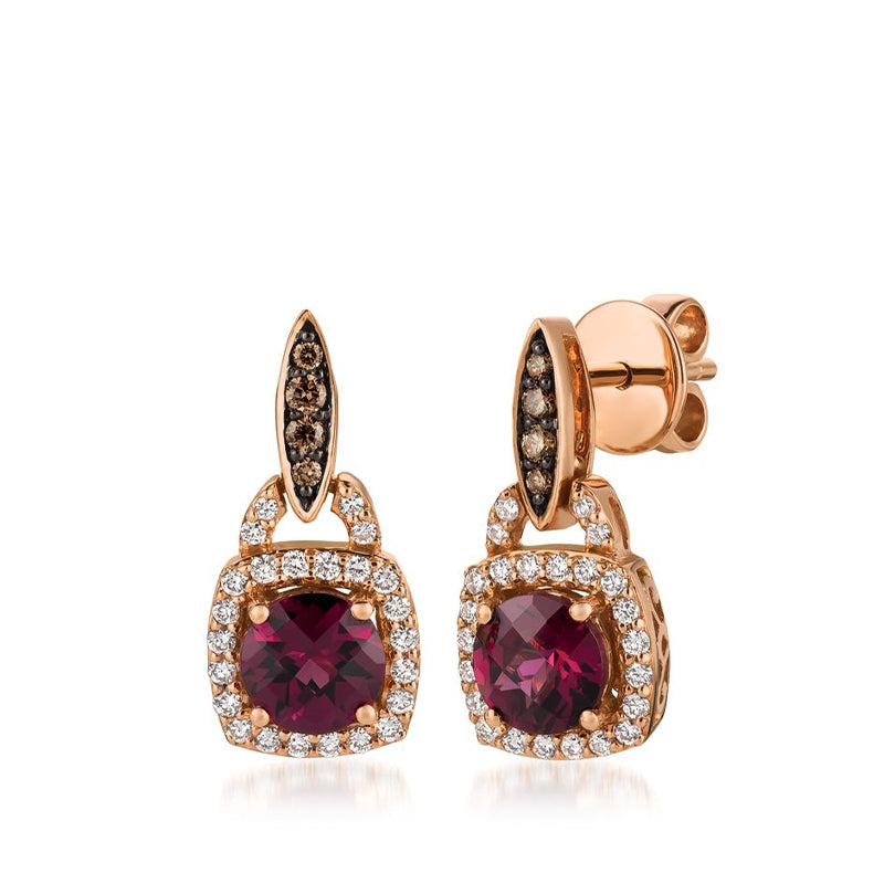 Le Vian Chocolatier Raspberry Rhodolite Garnet & 3/8 ct. tw. Vanilla & Chocolate Diamond Halo Drop Earrings in 14K Strawberry