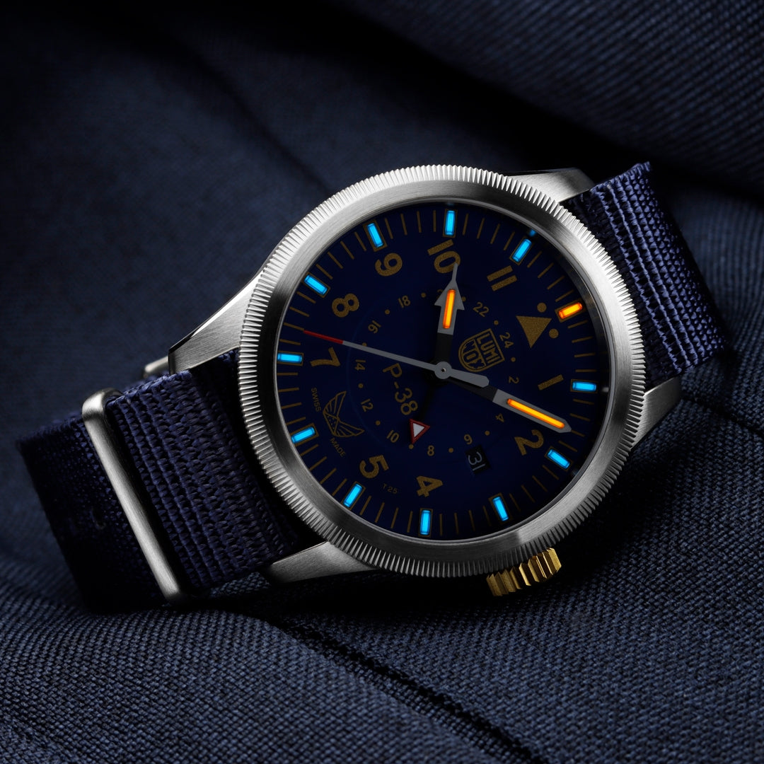 Luminox Men's Volition America The Guardian P-38 Lightning Quartz Stainless Steel Watch with Blue Dial & Navy close-up detail