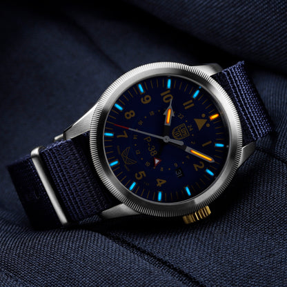 Luminox Men's Volition America The Guardian P-38 Lightning Quartz Stainless Steel Watch with Blue Dial & Navy close-up detail