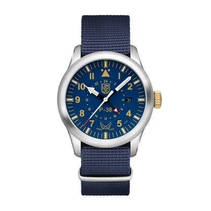 Luminox Men's Volition America The Guardian P-38 Lightning Quartz Stainless Steel Watch with Blue Dial & Navy Nylon Strap