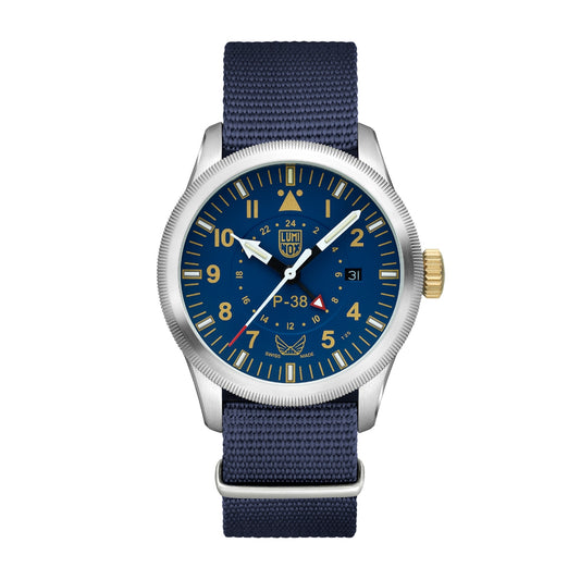 Luminox Men's Volition America The Guardian P-38 Lightning Quartz Stainless Steel Watch with Blue Dial & Navy Nylon Strap