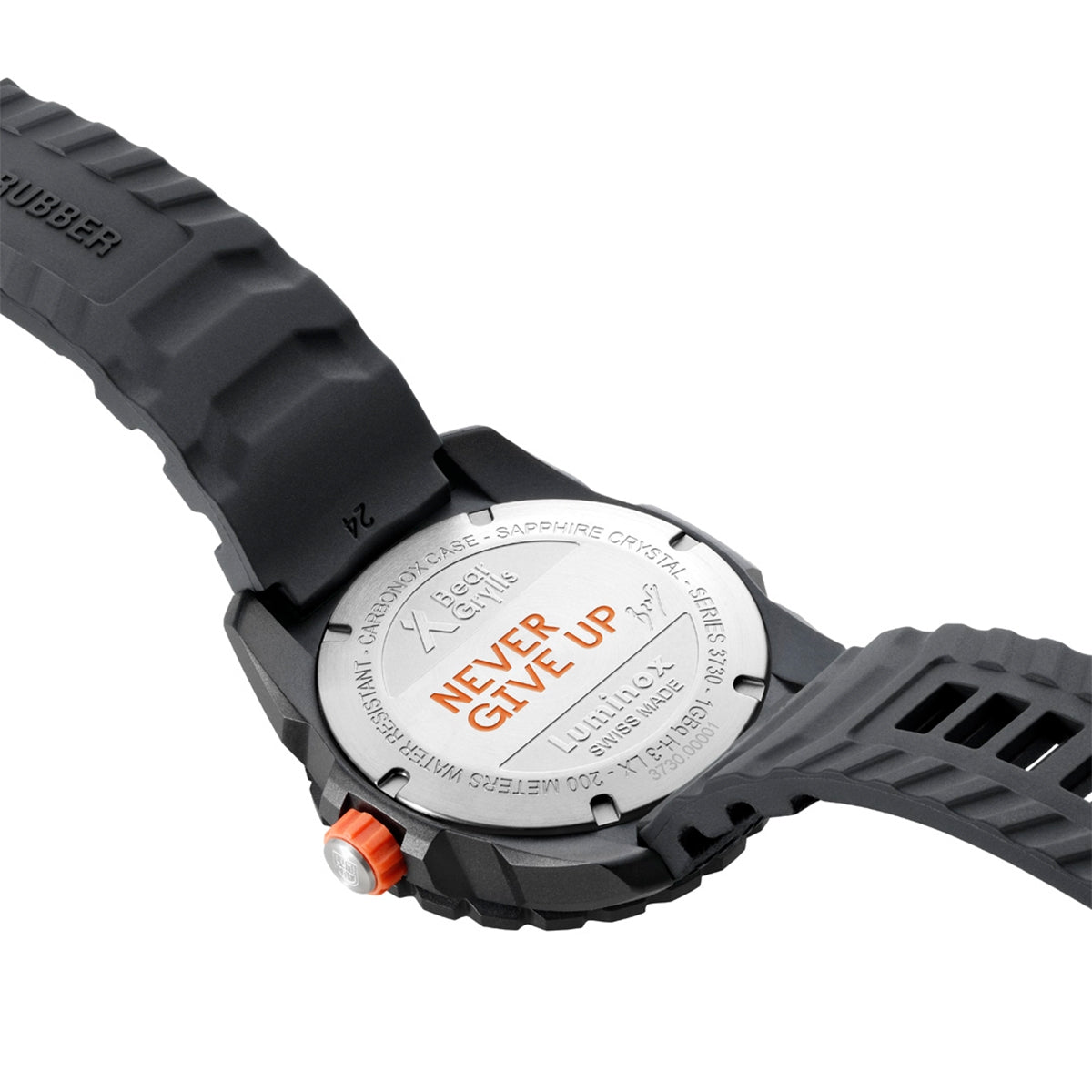 Luminox Men's Bear Grylls Survival Quartz Black Carbonox Watch with Black & Beige Dial & Rubber Strap close-up detail