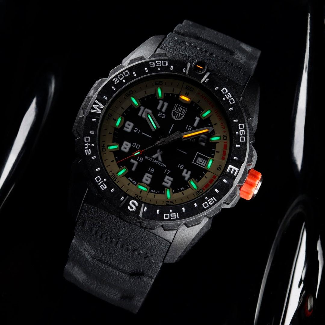 Luminox Men's Bear Grylls Survival Quartz Black Carbonox Watch with Black & Beige Dial & Rubber Strap side profile