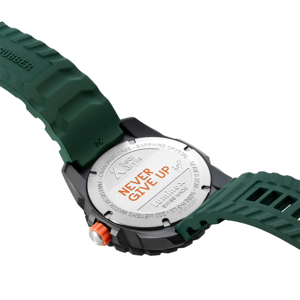 Luminox Men's Bear Grylls Survival Quartz Black Carbonox Watch with Black & Green Dial & Rubber Strap close-up detail