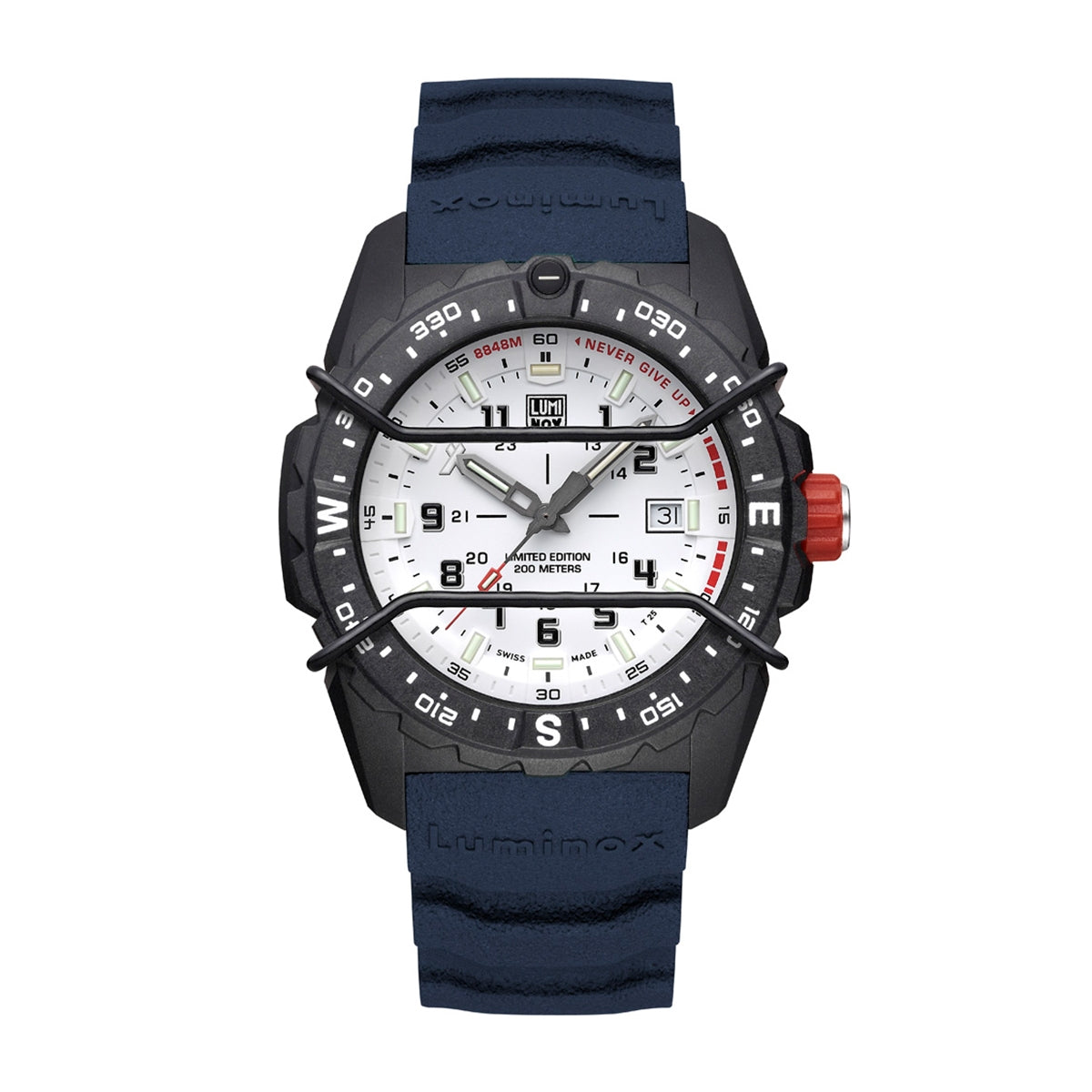 Luminox Men's Bear Grylls Survival Limited Edition Quartz Black Carbonox Watch with White Dial & Blue Rubber Strap front view