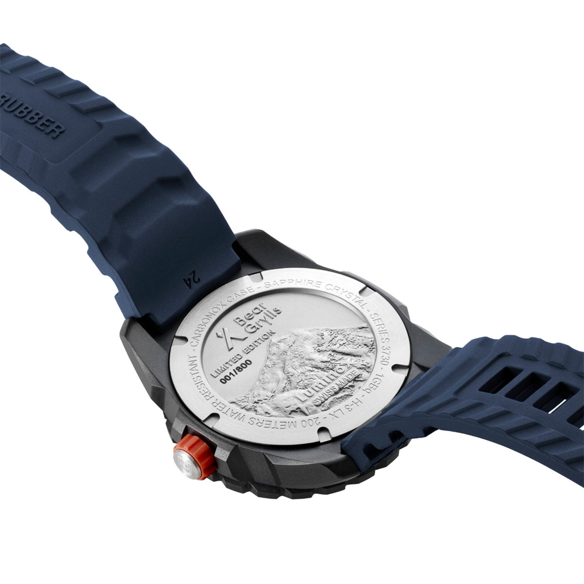 Luminox Men's Bear Grylls Survival Limited Edition Quartz Black Carbonox Watch with White Dial & Blue Rubber side profile