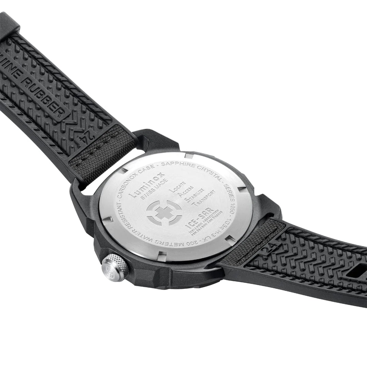 Luminox Men's ICE SAR Artic Quartz Black Carbonox Watch with Black Dial & Rubber Strap close-up detail