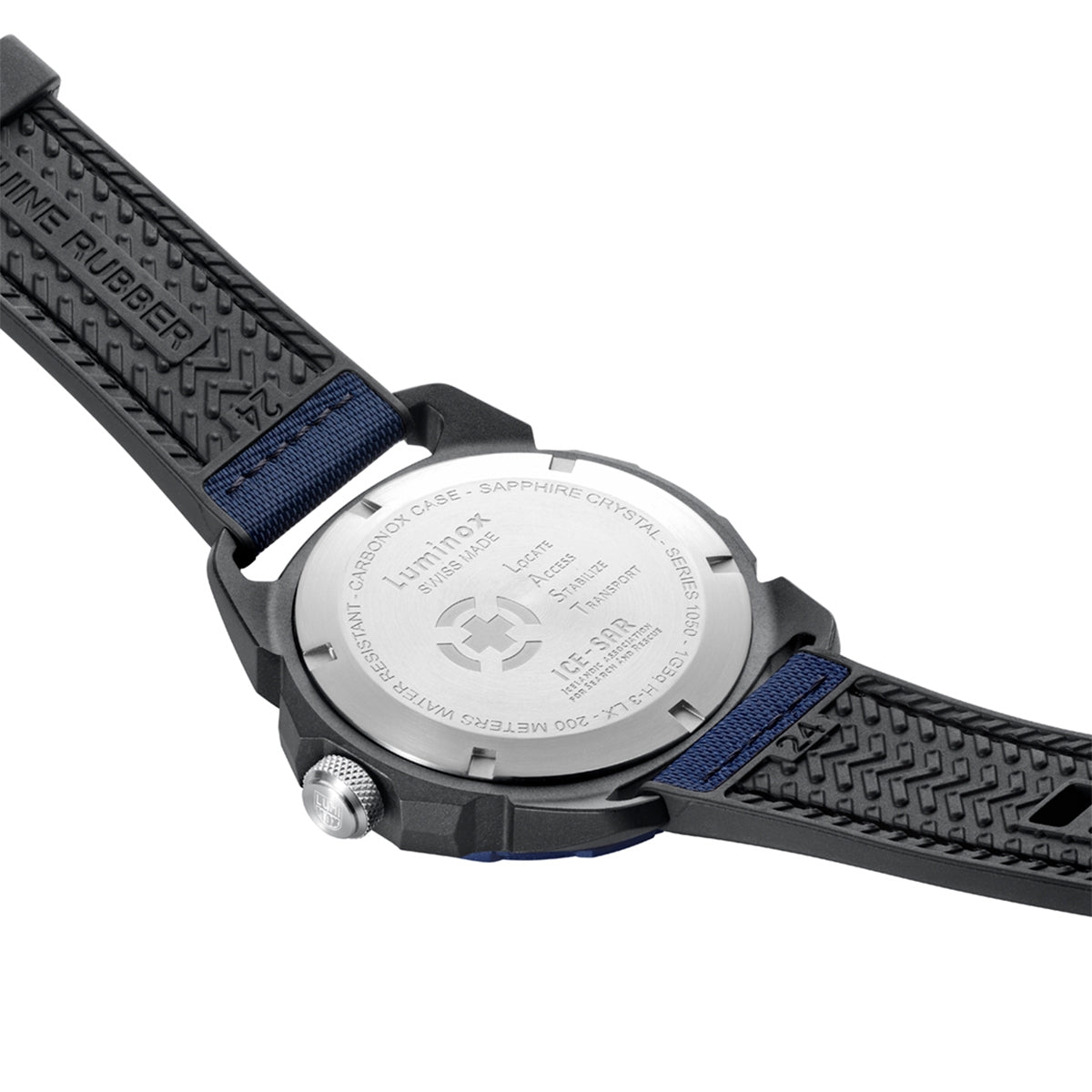 Luminox Men's ICE SAR Artic Quartz Black Carbonox Watch with Blue Dial & Rubber Strap close-up detail