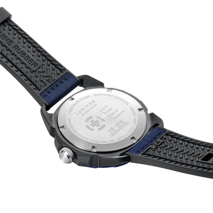 Luminox Men's ICE SAR Artic Quartz Black Carbonox Watch with Blue Dial & Rubber Strap close-up detail