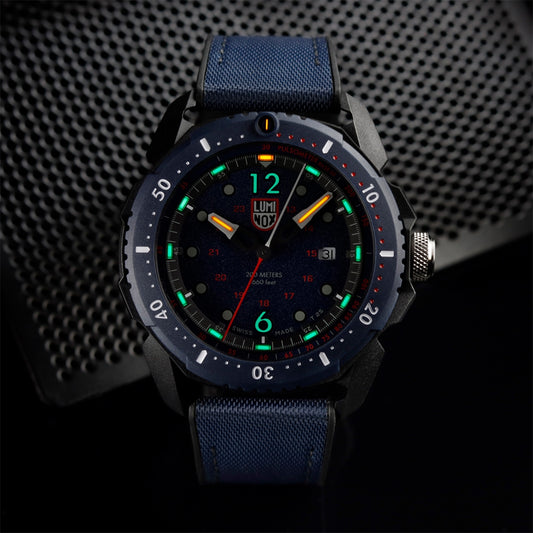 Luminox Men's ICE SAR Artic Quartz Black Carbonox Watch with Blue Dial & Rubber Strap side profile