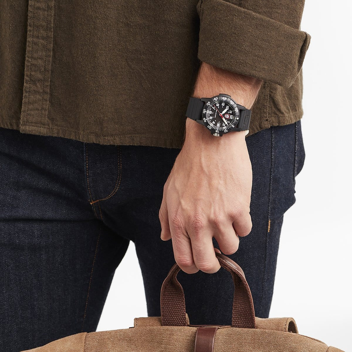 Luminox Men's Leatherback Sea Turtle Quartz Black Carbonox Watch with Black Dial & Rubber Strap close-up detail