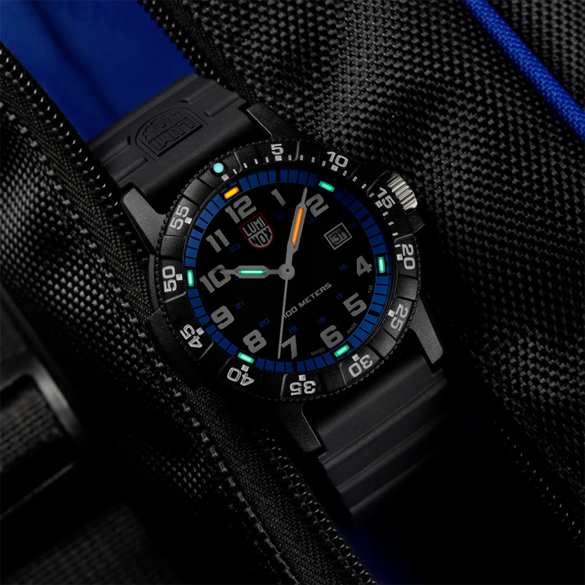 Luminox Men's Leatherback Sea Turtle Giant Quartz Black Carbonox Watch with Black & Blue Dial & Rubber Strap side profile