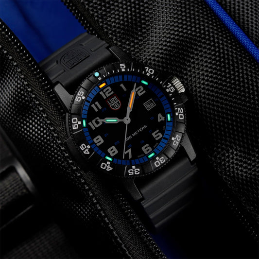 Luminox Men's Leatherback Sea Turtle Giant Quartz Black Carbonox Watch with Black & Blue Dial & Rubber Strap side profile