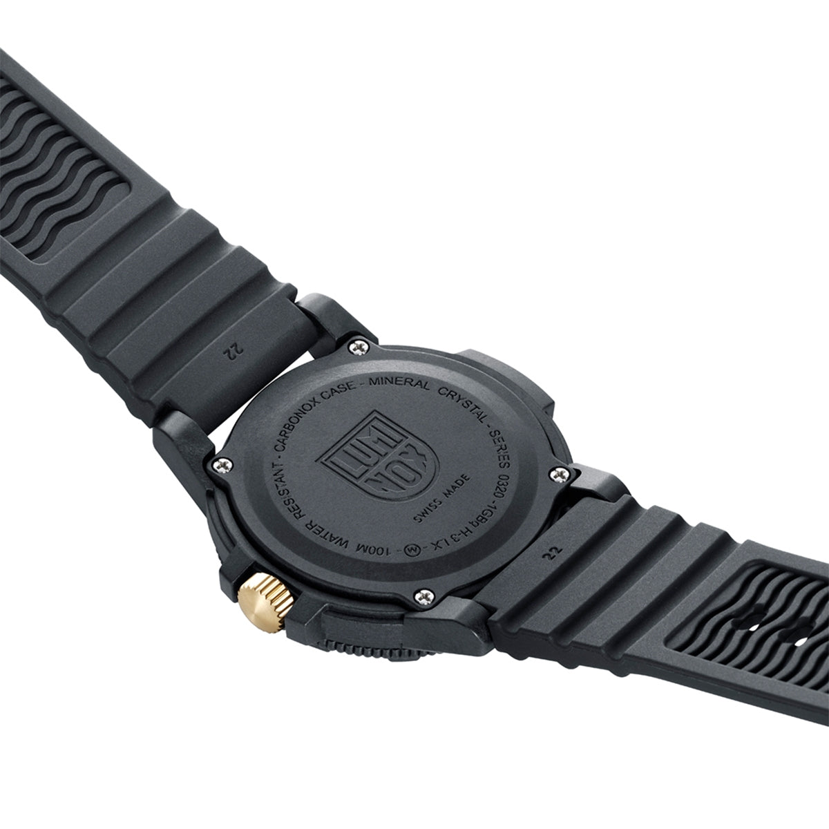 Luminox Men's Leatherback Sea Turtle Giant Quartz Black Carbonox Watch with Gold Dial & Black Rubber Strap close-up detail