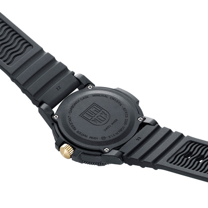 Luminox Men's Leatherback Sea Turtle Giant Quartz Black Carbonox Watch with Gold Dial & Black Rubber Strap close-up detail