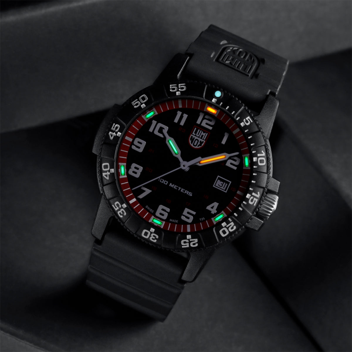 Luminox Men's Leatherback Sea Turtle Giant Quartz Black Carbonox Watch with Black & Red Dial & Black Rubber side profile