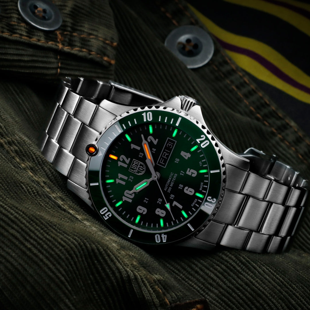 Luminox Men's Sport Timer Automatic Stainless Steel Watch with Green Dial side profile