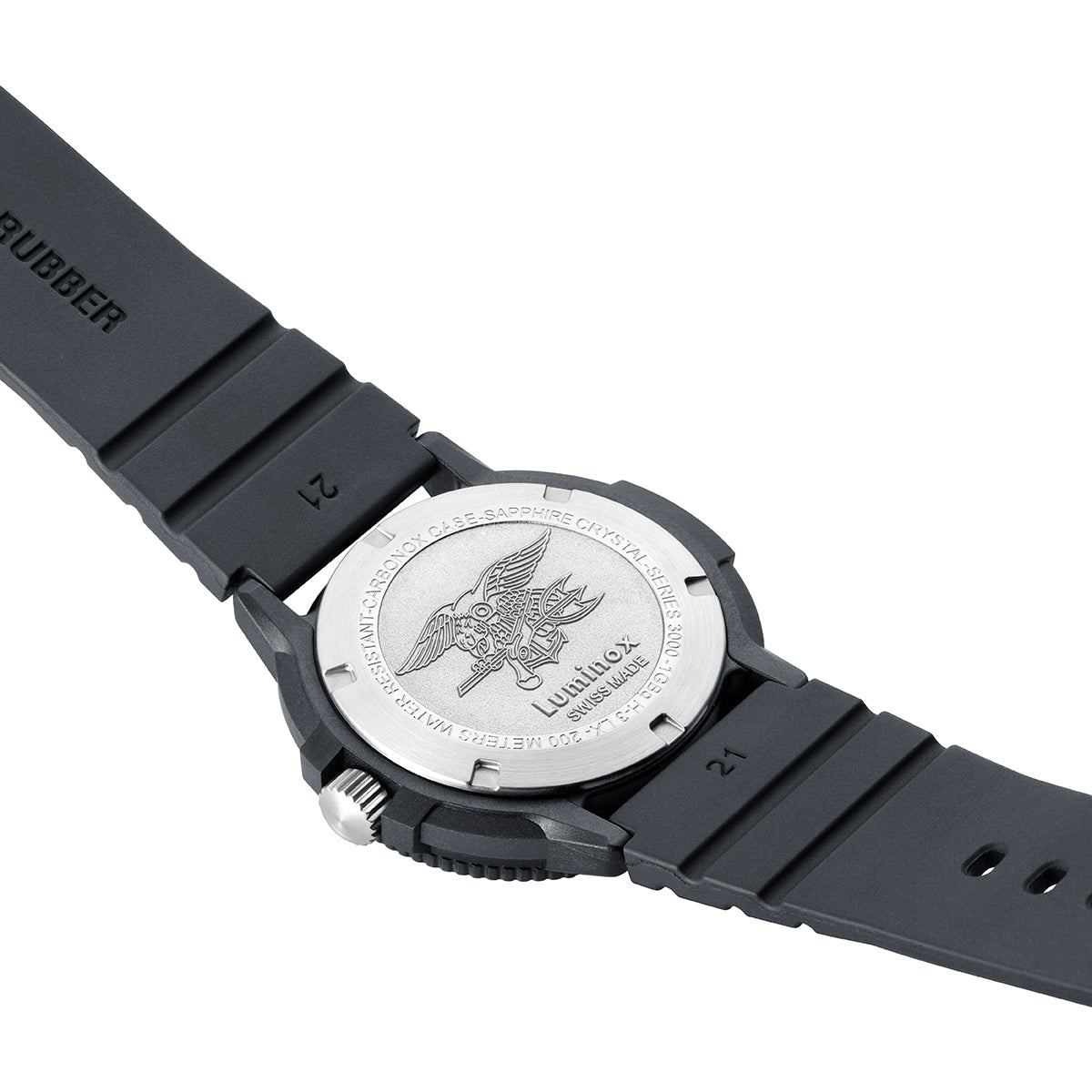 Luminox Men's Navy SEAL EVO Quartz Black Carbonox Watch with White Dial & Black Rubber Strap close-up detail