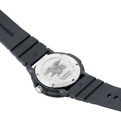 Luminox Men's Navy SEAL EVO Quartz Black Carbonox Watch with White Dial & Black Rubber Strap close-up detail