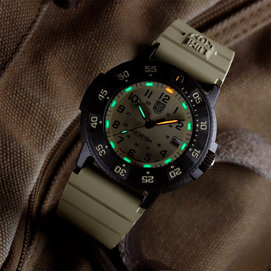 Luminox Men's Navy SEAL EVO Quartz Black Carbonox Watch with Tan Dial & Rubber Strap side profile