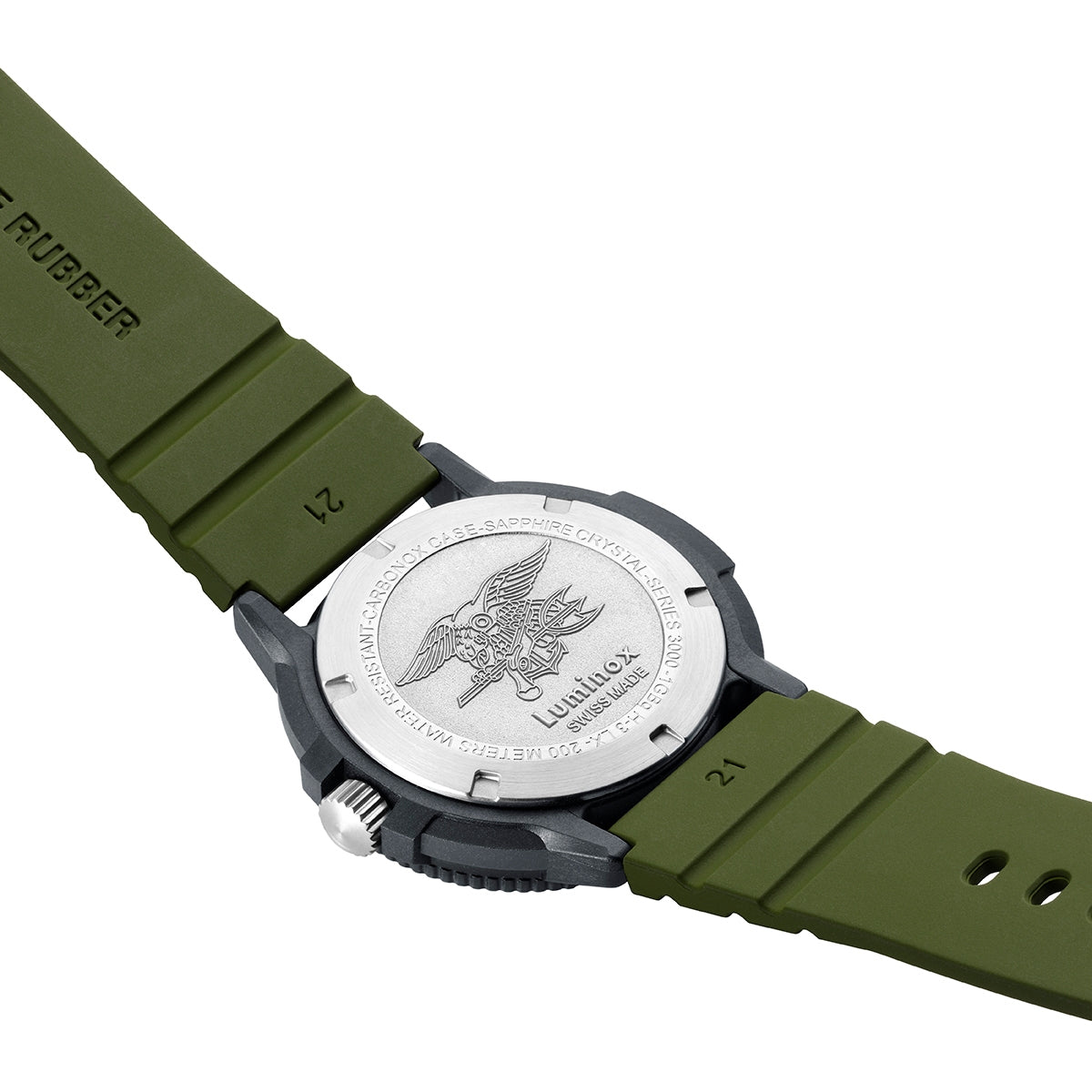 Luminox Men's Navy SEAL EVO Quartz Black Carbonox Watch with Green Dial & Rubber Strap close-up detail