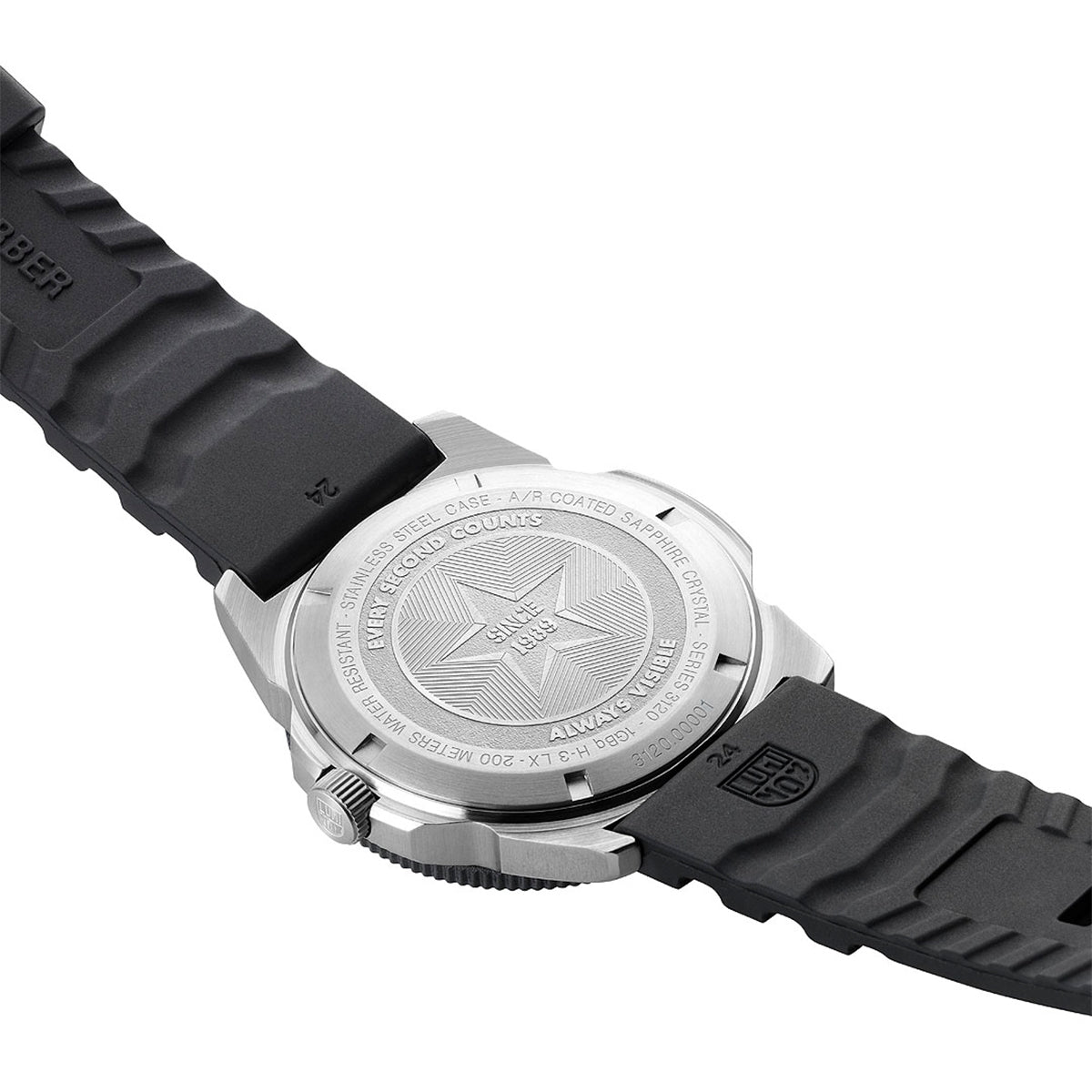 Luminox Men's Pacific Diver Quartz Stainless Steel Watch with Black Dial & Rubber Strap close-up detail