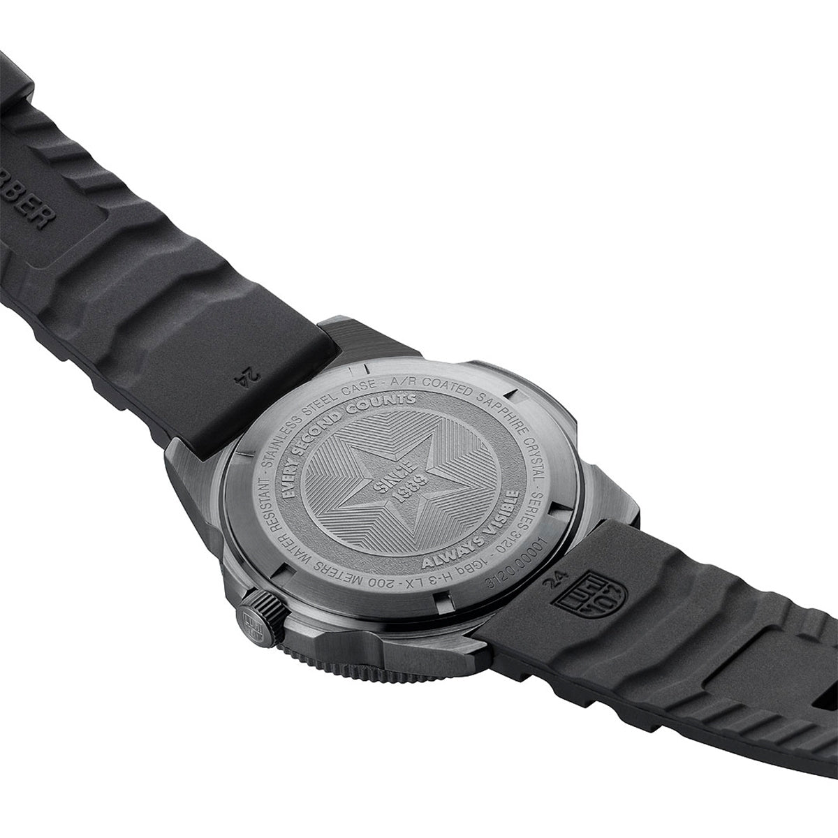 Luminox Men's Pacific Diver Quartz Black Stainless Steel Watch with Black Dial & Rubber Strap close-up detail