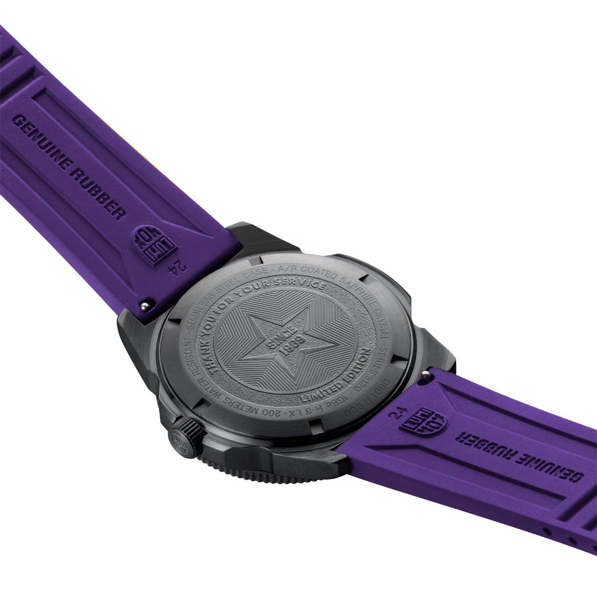 Luminox Pacific Diver Limited Edition Quartz Black Stainless Steel Watch Set with Black Dial & Purple Rubber close-up detail