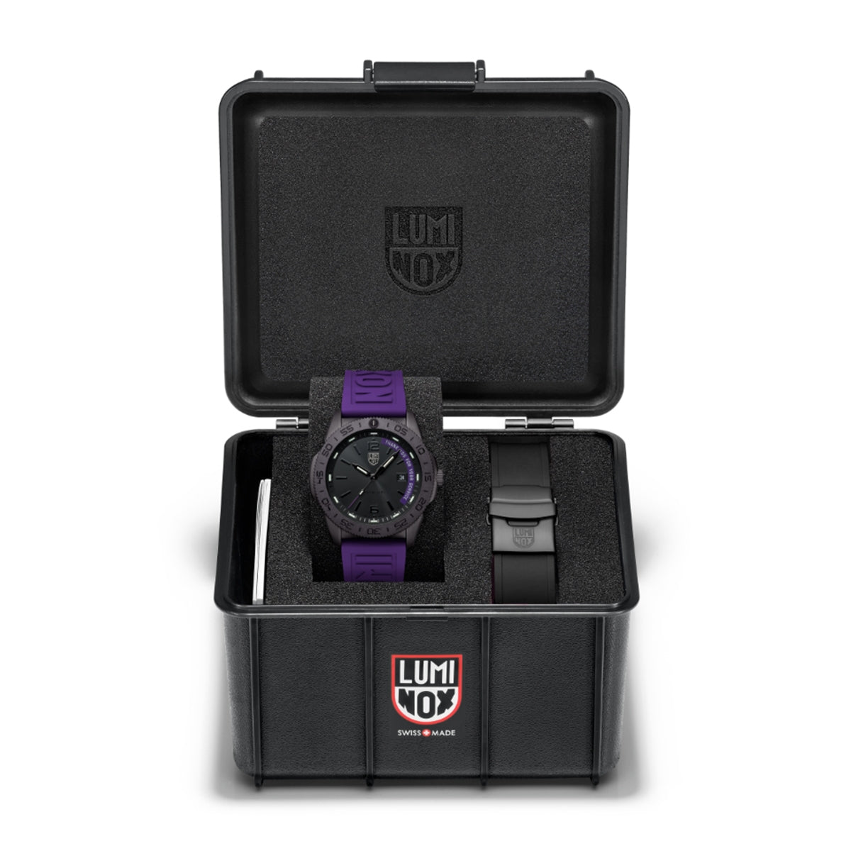 Luminox Pacific Diver Limited Edition Quartz Black Stainless Steel Watch Set with Black Dial & Purple Rubber side profile