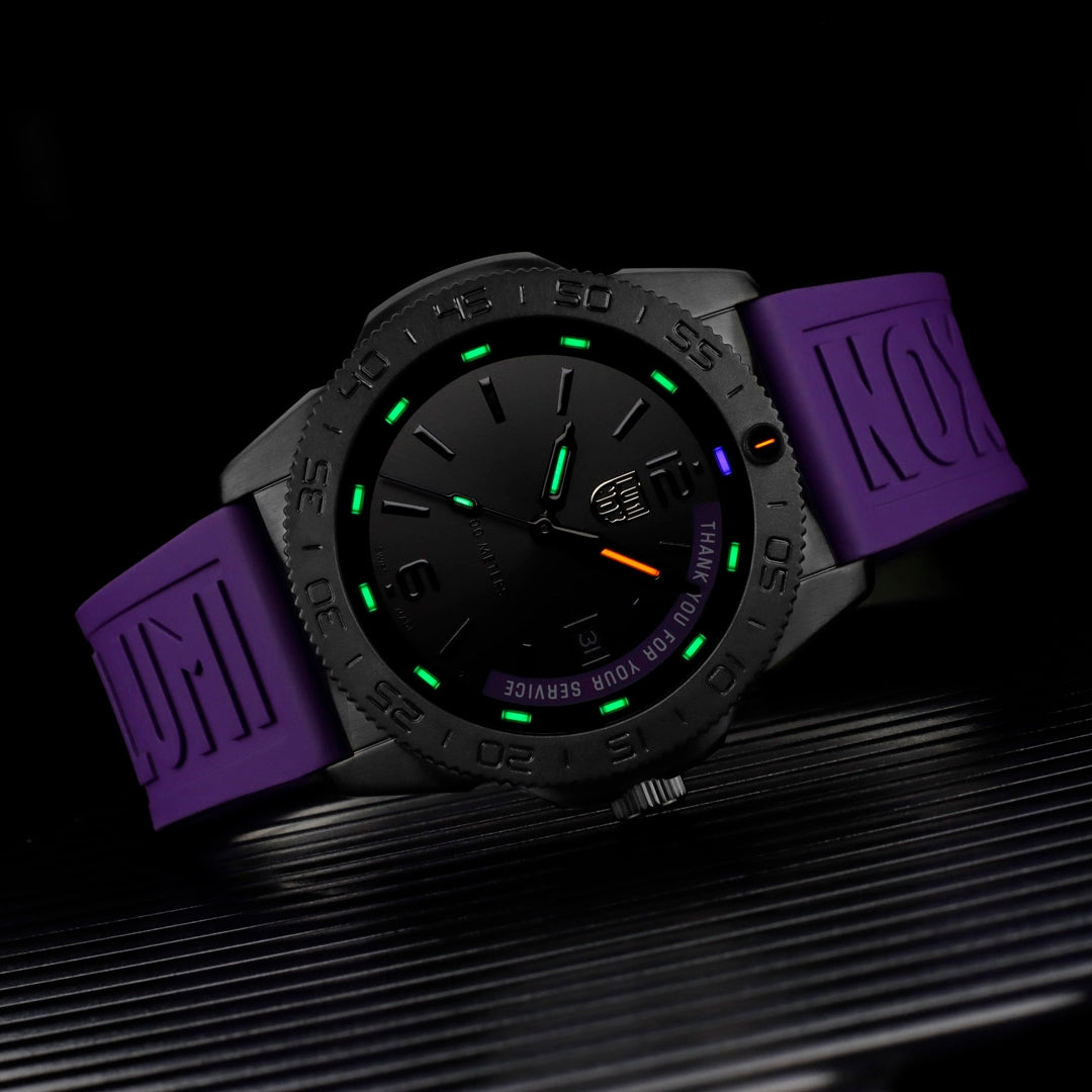 Luminox Pacific Diver Limited Edition Quartz Black Stainless Steel Watch Set with Black Dial & Purple Rubber Strap full view