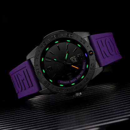 Luminox Pacific Diver Limited Edition Quartz Black Stainless Steel Watch Set with Black Dial & Purple Rubber Strap full view