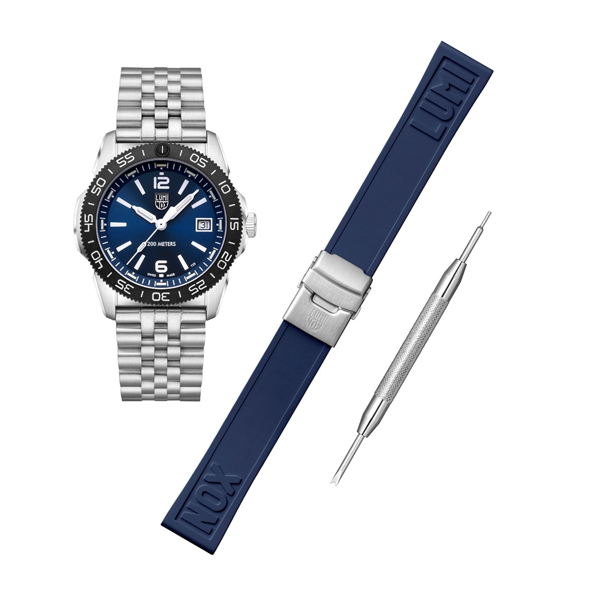 Luminox Men's Pacific Diver Ripple Quartz Stainless Steel Watch Set with Blue Dial side profile