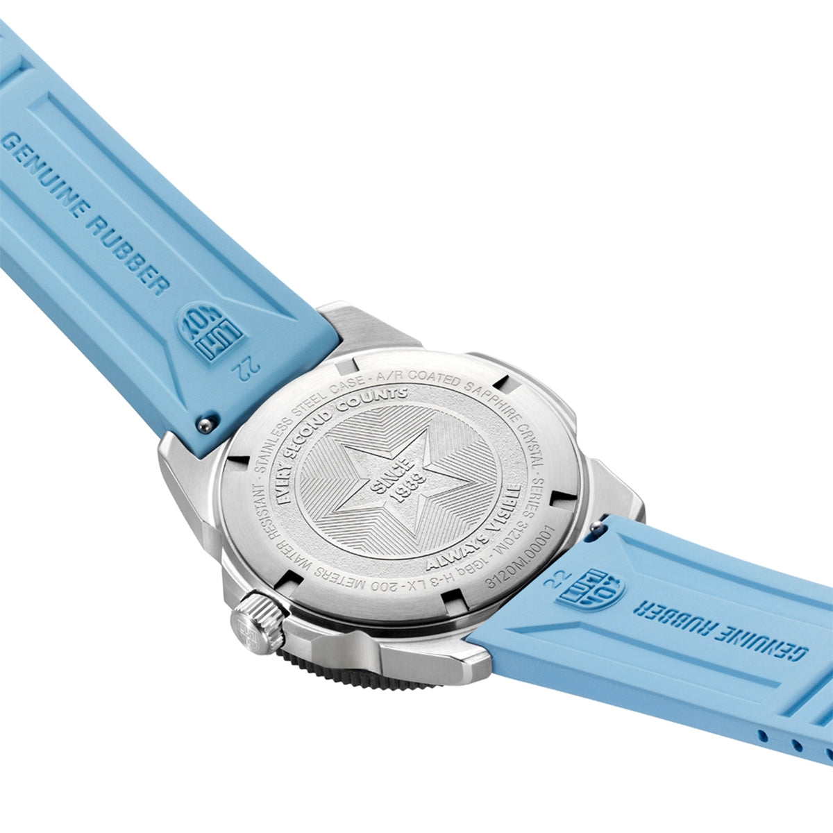 Luminox Pacific Diver Ripple Quartz Stainless Steel Watch with Mother of Pearl Dial & Light Blue Rubber Strap close-up detail