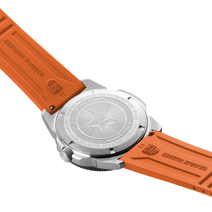 Luminox Men's Pacific Diver Quartz Stainless Steel Watch with Orange Dial & Rubber Strap close-up detail