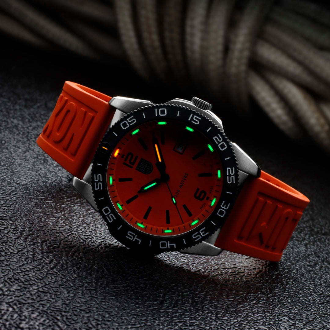 Luminox Men's Pacific Diver Quartz Stainless Steel Watch with Orange Dial & Rubber Strap side profile