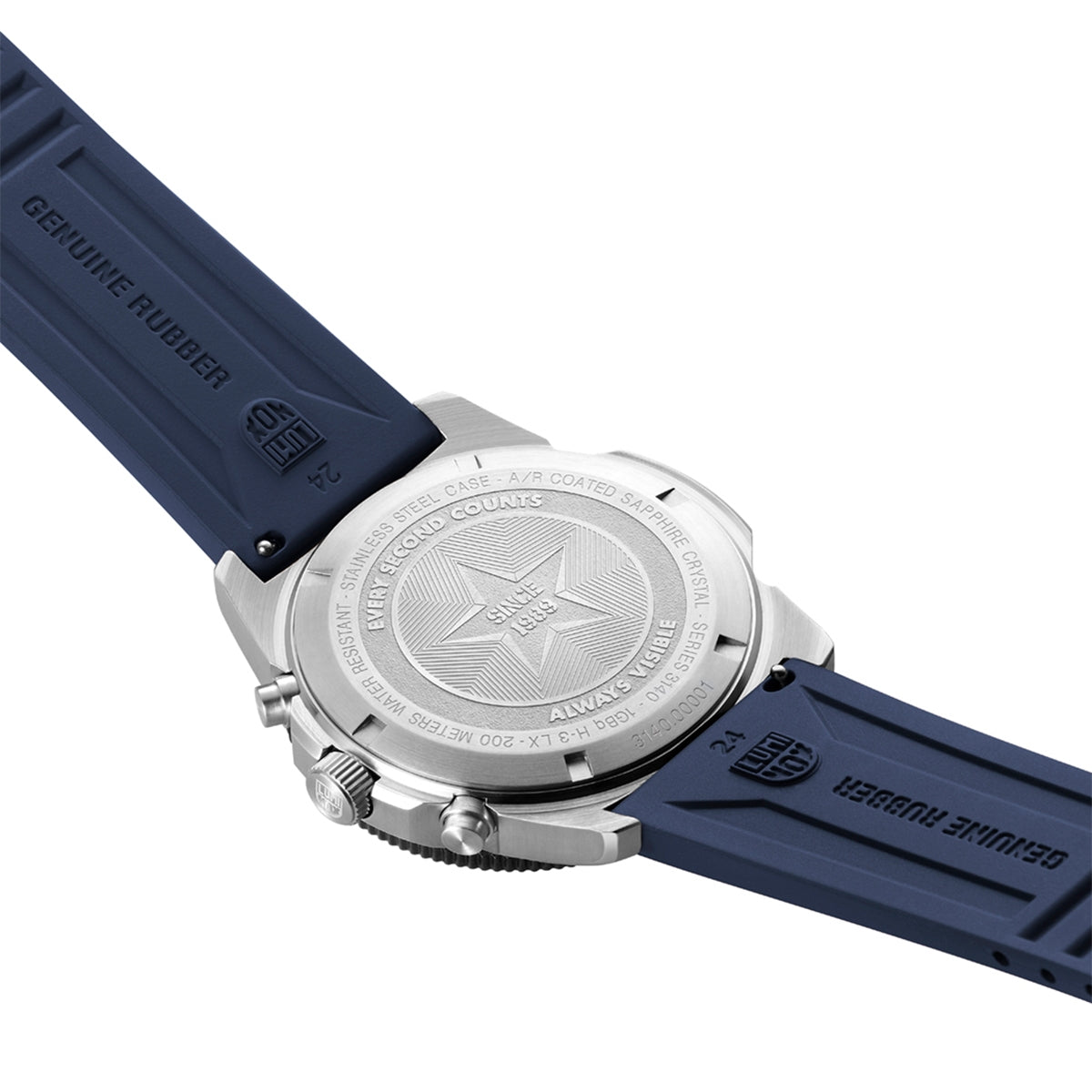 Luminox Men's Pacific Diver Quartz Chronograph Stainless Steel Watch with Black Dial & Navy Rubber Strap close-up detail