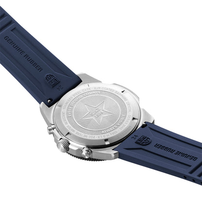 Luminox Men's Pacific Diver Quartz Chronograph Stainless Steel Watch with Black Dial & Navy Rubber Strap close-up detail
