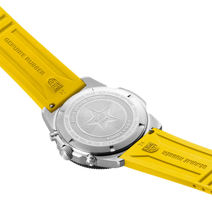 Luminox Men's Pacific Diver Quartz Chronograph Stainless Steel Watch with Black Dial & Yellow Rubber Strap close-up detail