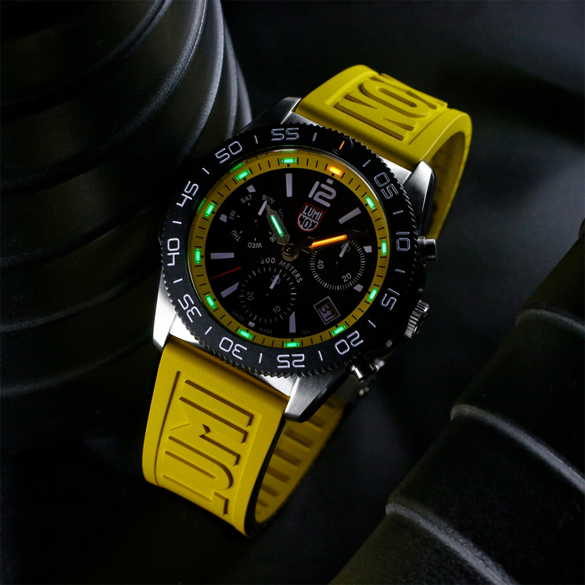 Luminox Men's Pacific Diver Quartz Chronograph Stainless Steel Watch with Black Dial & Yellow Rubber Strap side profile