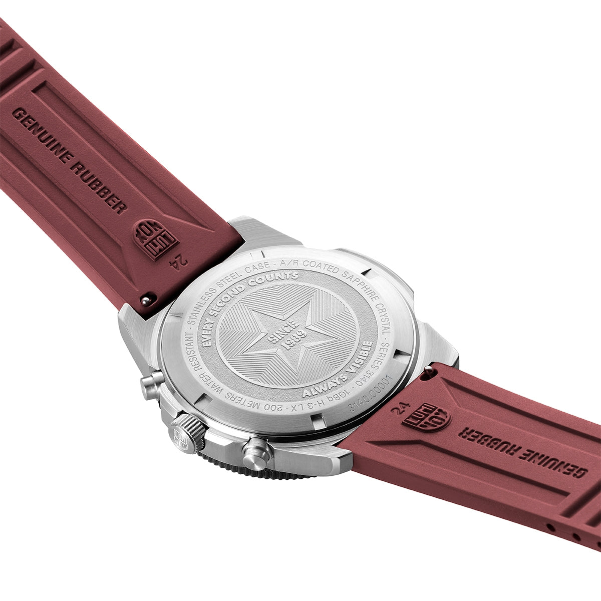 Luminox Men's Pacific Diver Quartz Chronograph Stainless Steel Watch with Black Dial & Red Rubber Strap close-up detail