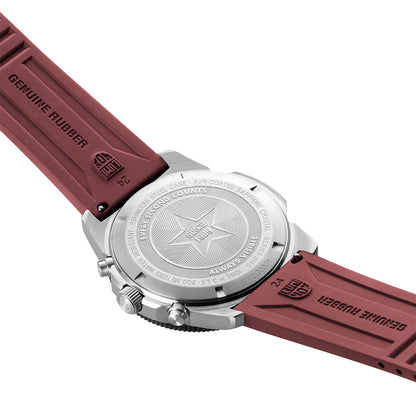 Luminox Men's Pacific Diver Quartz Chronograph Stainless Steel Watch with Black Dial & Red Rubber Strap close-up detail