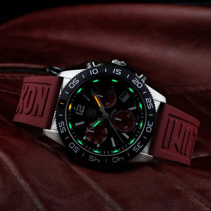 Luminox Men's Pacific Diver Quartz Chronograph Stainless Steel Watch with Black Dial & Red Rubber Strap side profile