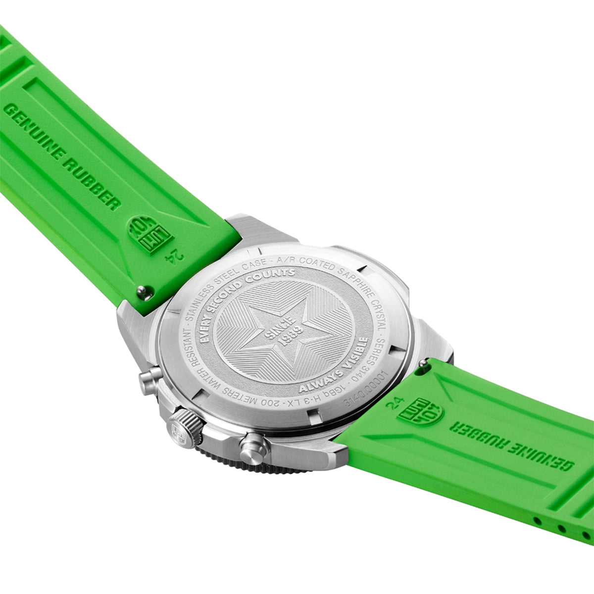 Luminox Men's Pacific Diver Quartz Chronograph Stainless Steel Watch with Black Dial & Green Rubber Strap close-up detail