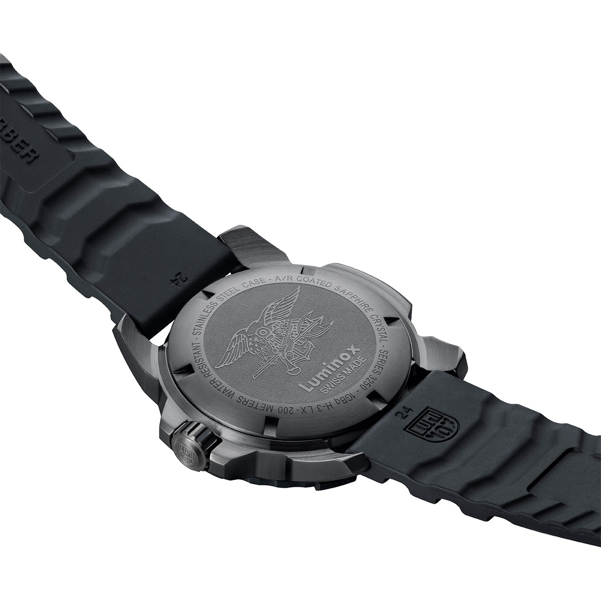 Luminox Men's Navy SEAL RSC Quartz Black Stainless Steel Watch with Black Dial & Rubber Strap close-up detail