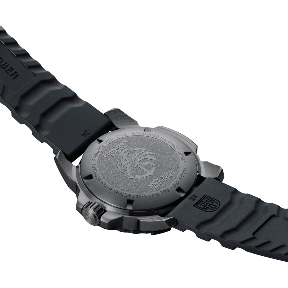 Luminox Men's Navy SEAL Foundation Quartz Black Stainless Steel Watch Set with Tan Dial & Black Rubber Strap close-up detail