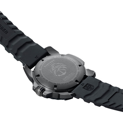 Luminox Men's Navy SEAL Foundation Quartz Black Stainless Steel Watch Set with Tan Dial & Black Rubber Strap close-up detail