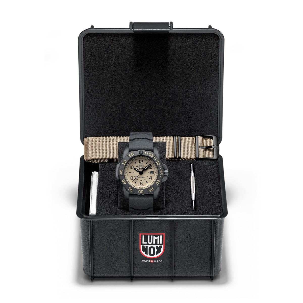 Luminox Men's Navy SEAL Foundation Quartz Black Stainless Steel Watch Set with Tan Dial & Black Rubber Strap side profile