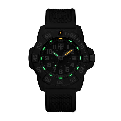 Luminox Men's Navy SEAL Dive Quartz Black Carbonox Watch with Black & White Dial & Rubber Strap close-up detail