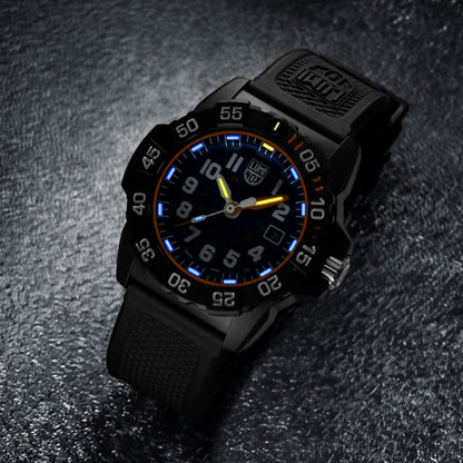 Luminox Men's Navy SEAL Foundation Quartz Black Carbonox Watch with Blue Dial & Black Rubber Strap close-up detail