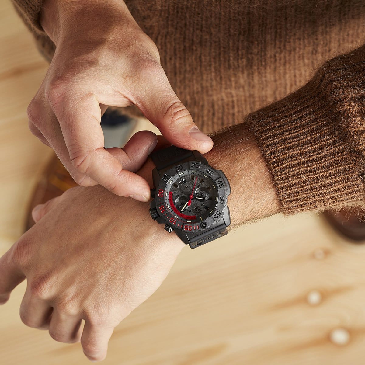 Luminox Navy SEAL Quartz Chronograph Carbonox Watch with Black & Red Dial & Rubber Strap close-up detail